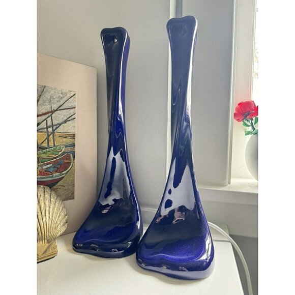 Tiffany & Co. Elsa Peretti Glazed Blue Purple Ceramic 14.5” Bone Candlesticks - Picture 1 of 9
